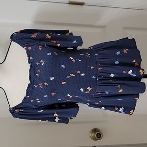 Market & Spruce Size L Blue w/ Floral Smocked Upper Babydoll Blouse, Gently Used